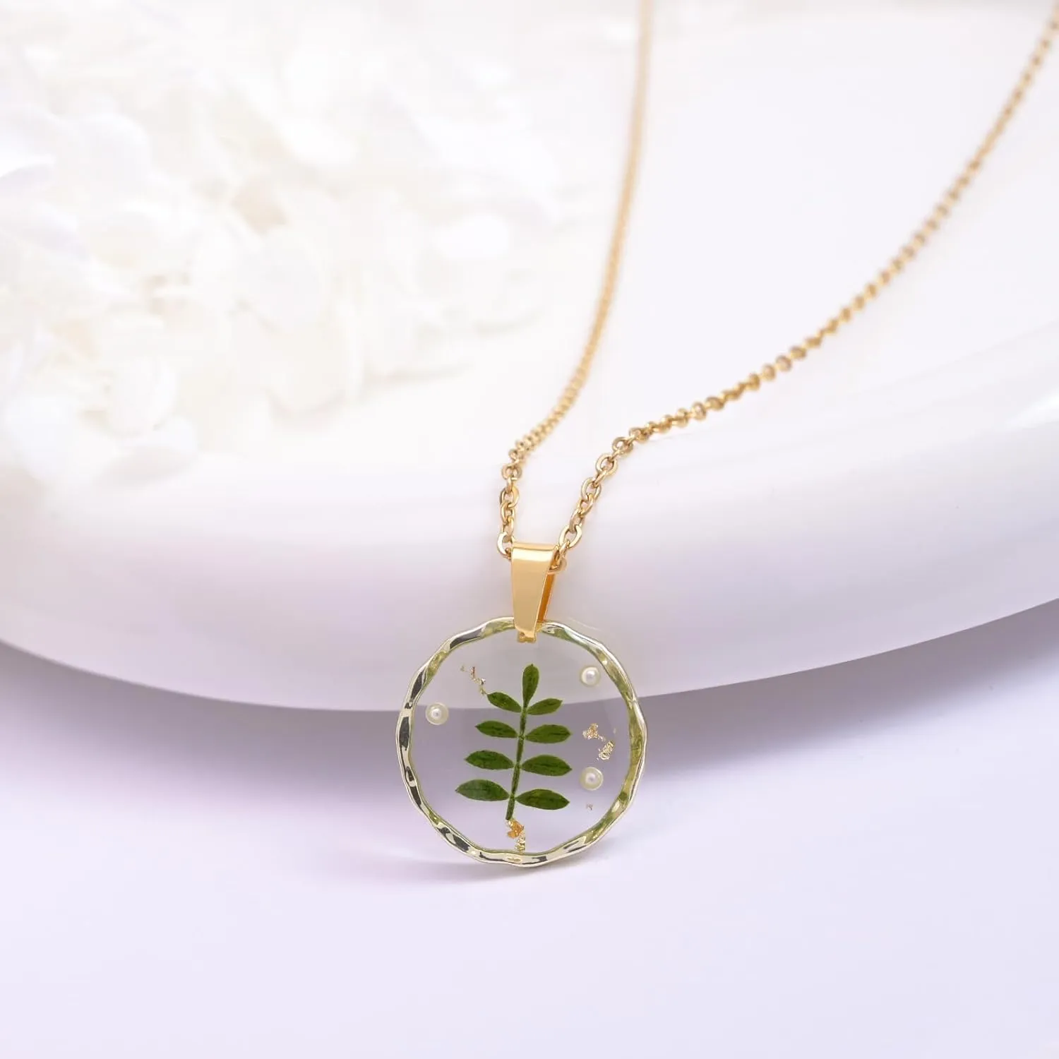 Christmas Necklace,Fragrant Pistache Wood and Small Pearl Pressed Flower Necklaces for Women,Unique Handmade Design Pendant Necklace,Thoughtful Gift/18" (Gold)