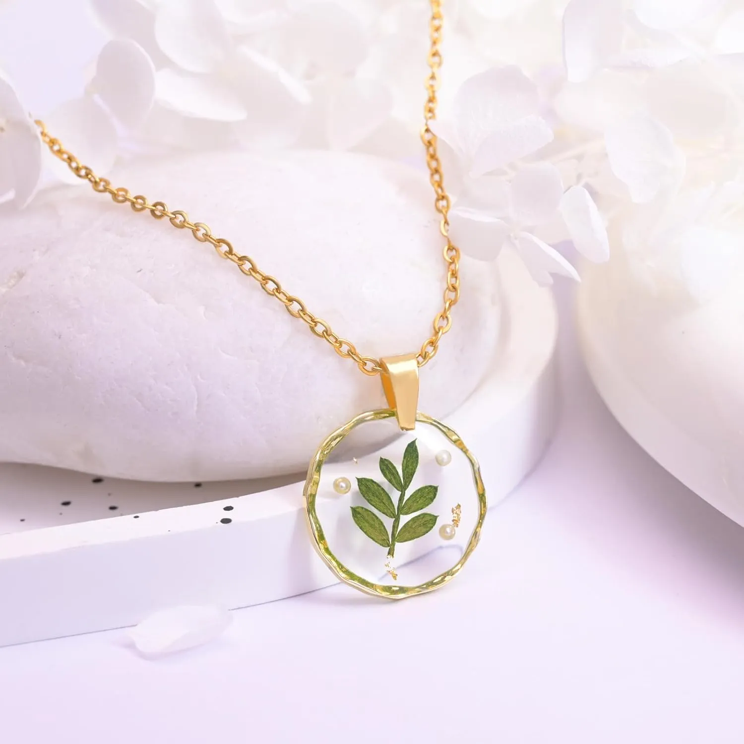 Christmas Necklace,Fragrant Pistache Wood and Small Pearl Pressed Flower Necklaces for Women,Unique Handmade Design Pendant Necklace,Thoughtful Gift/18" (Gold)