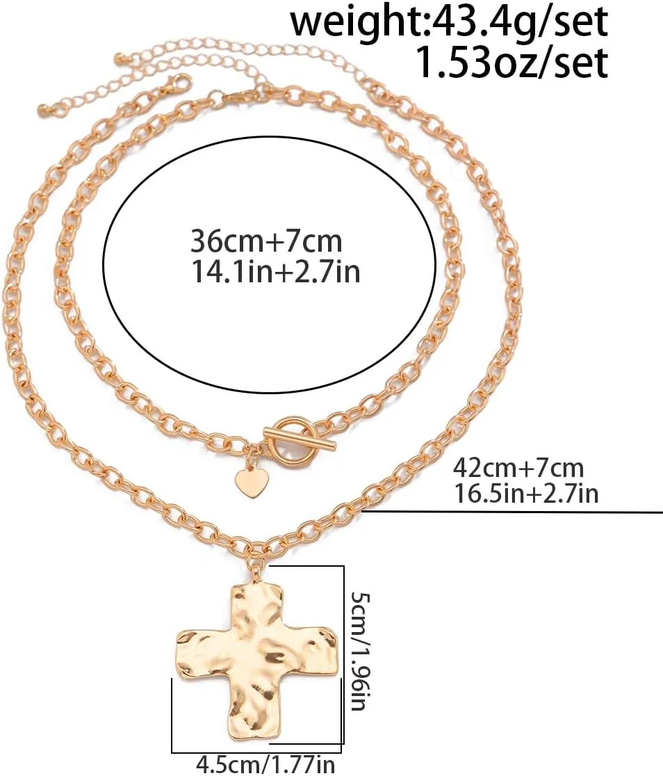 Chunky Cross Necklace for Women Hammered Bold Cross Pearl Layered Necklace Baroque Pearl Costume Jewelry