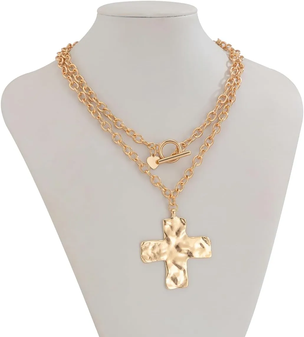 Chunky Cross Necklace for Women Hammered Bold Cross Pearl Layered Necklace Baroque Pearl Costume Jewelry