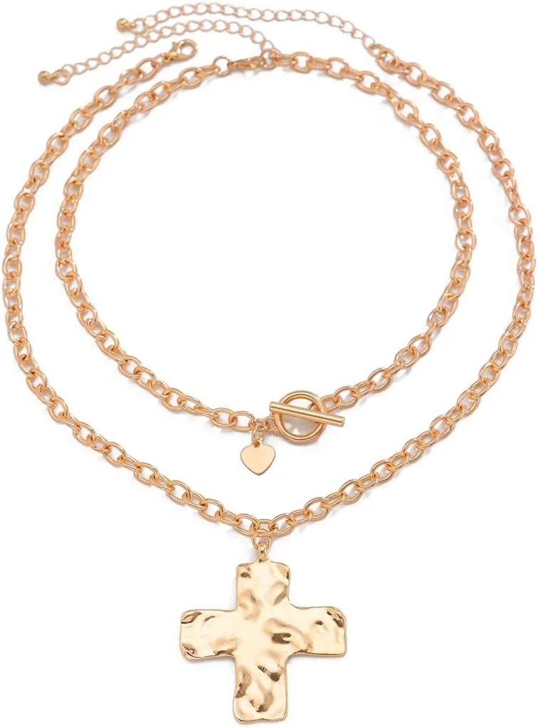 Chunky Cross Necklace for Women Hammered Bold Cross Pearl Layered Necklace Baroque Pearl Costume Jewelry