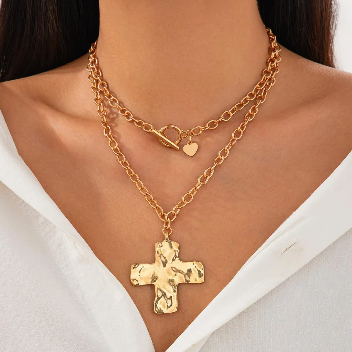 Chunky Cross Necklace for Women Hammered Bold Cross Pearl Layered Necklace Baroque Pearl Costume Jewelry