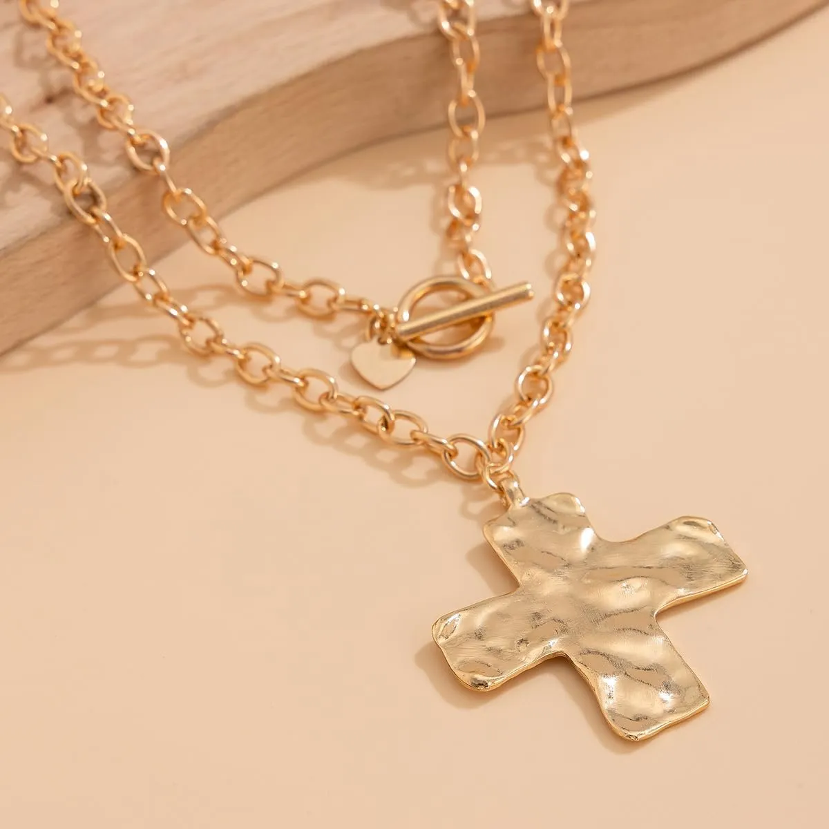 Chunky Cross Necklace for Women Hammered Bold Cross Pearl Layered Necklace Baroque Pearl Costume Jewelry