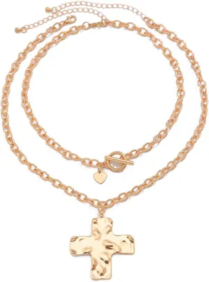 Chunky Cross Necklace for Women Hammered Bold Cross Pearl Layered Necklace Baroque Pearl Costume Jewelry
