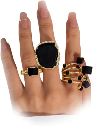 Chunky Gold Black Statement Rings Set for Women Vintage Large Cocktail Enamel Open Ring Exaggerated Dripping Oil Finger Jewelry Darkness Stacked Gifts