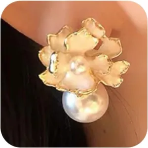 Chunky Gold Flower Pearl Earrings for Women Trendy, Delicate Big Pearls Enamel Floral Stud Earring Vintage Valentine Party Jewelry Gift