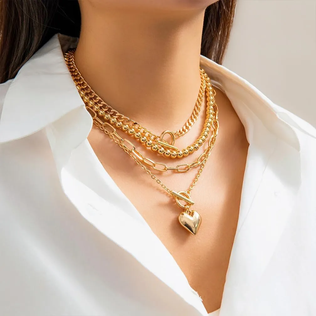 Chunky Gold Layered Puffy Heart Pendant Necklace for Women Vintage Silver Stack Paperclip Choker Trendy Round Balls Beaded OT Buckle Costume Jewelry