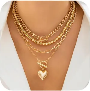 Chunky Gold Layered Puffy Heart Pendant Necklace for Women Vintage Silver Stack Paperclip Choker Trendy Round Balls Beaded OT Buckle Costume Jewelry