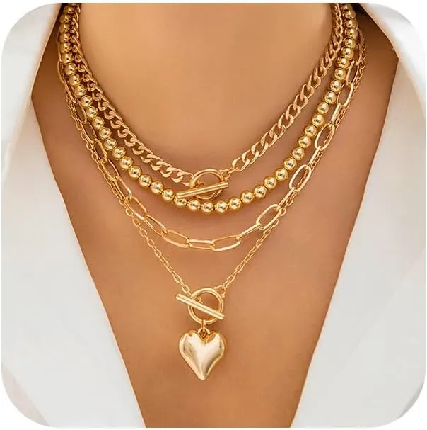 Chunky Gold Layered Puffy Heart Pendant Necklace for Women Vintage Silver Stack Paperclip Choker Trendy Round Balls Beaded OT Buckle Costume Jewelry