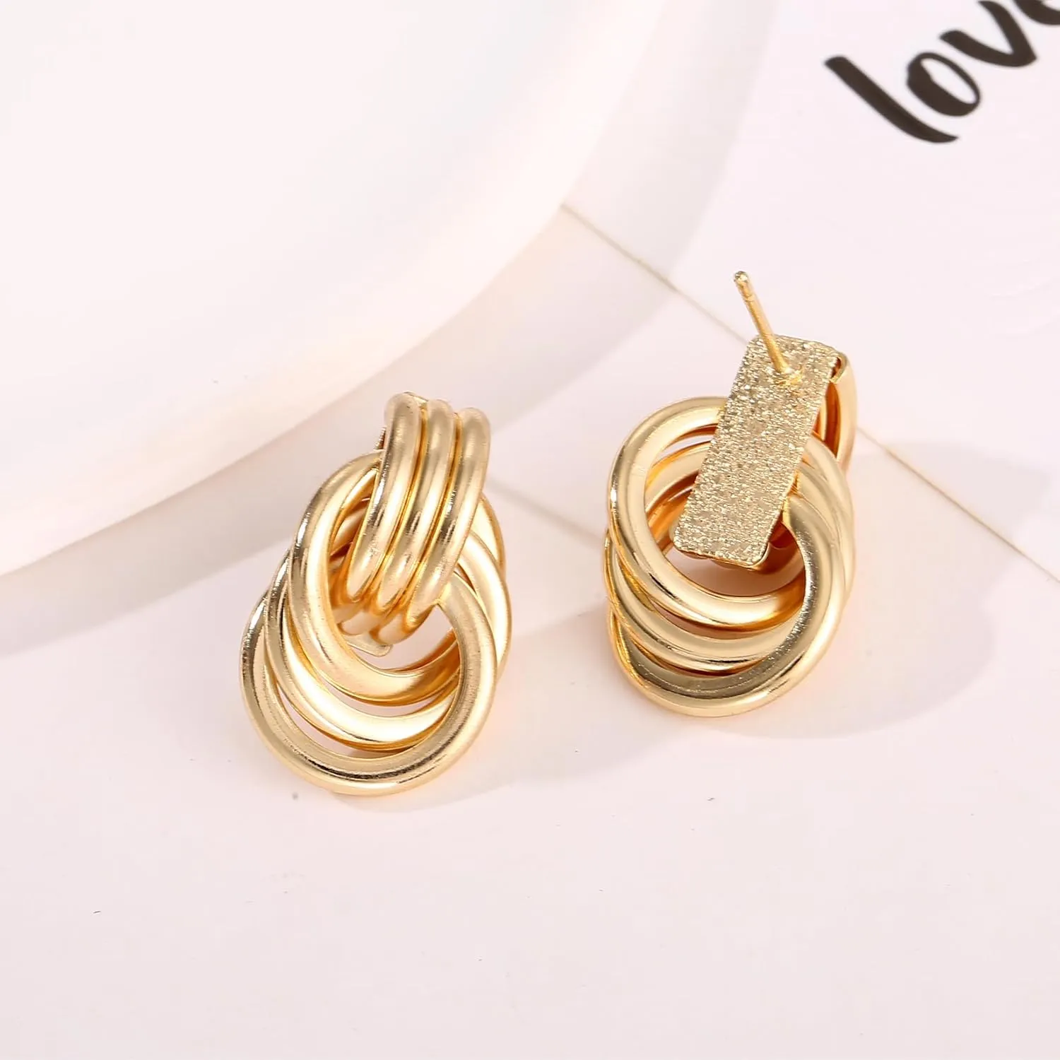 Chunky Gold Statement Earrings - Trendy, Fashion Knot Geometric Drop Dangle Earrings - Minimalist Gold Jewelry for Women