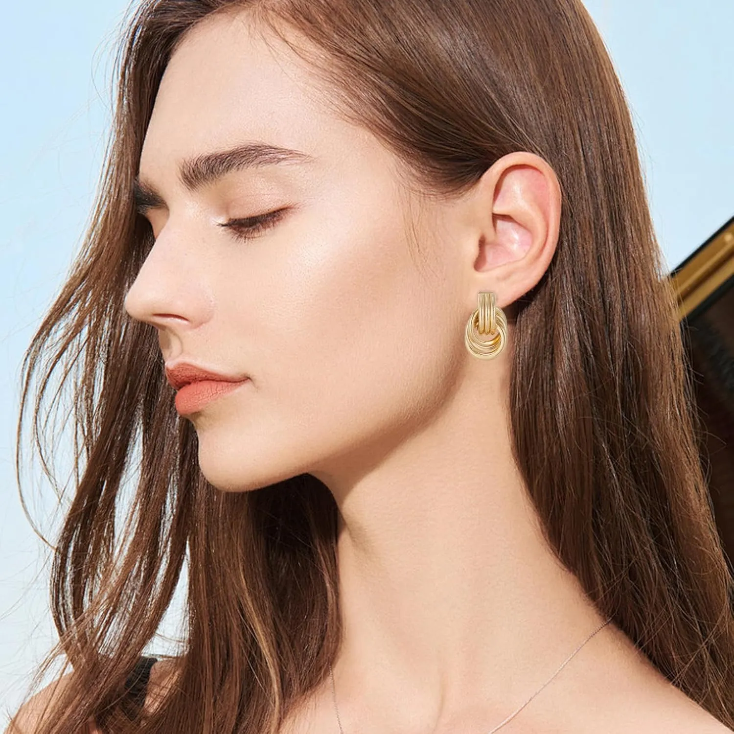Chunky Gold Statement Earrings - Trendy, Fashion Knot Geometric Drop Dangle Earrings - Minimalist Gold Jewelry for Women