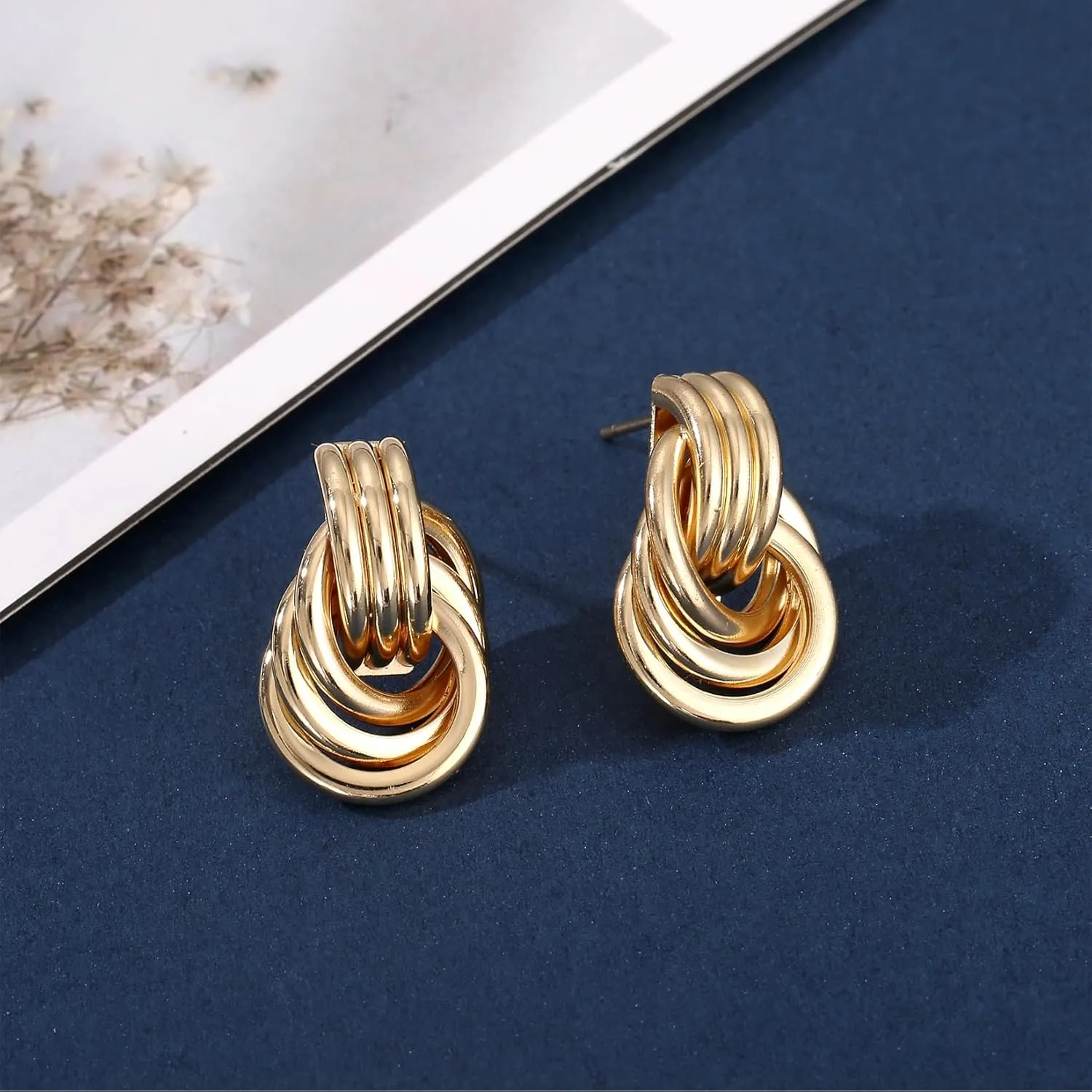Chunky Gold Statement Earrings - Trendy, Fashion Knot Geometric Drop Dangle Earrings - Minimalist Gold Jewelry for Women