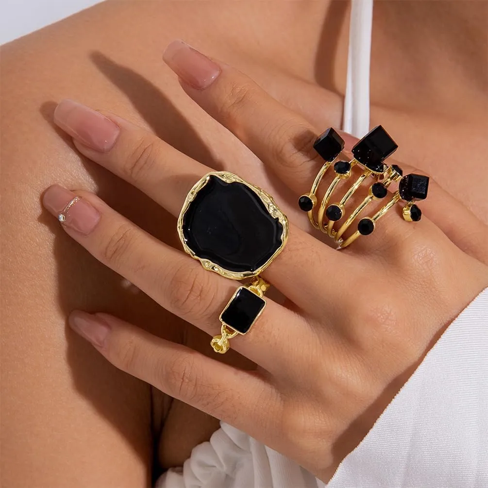 Chunky Statement Gold and Black Enamel Drip Band Rings Set for Women, Vintage Large Crystal Intertwined CZ Ring Cute Big Cocktail Party Prom Jewelry Gifts Accessories