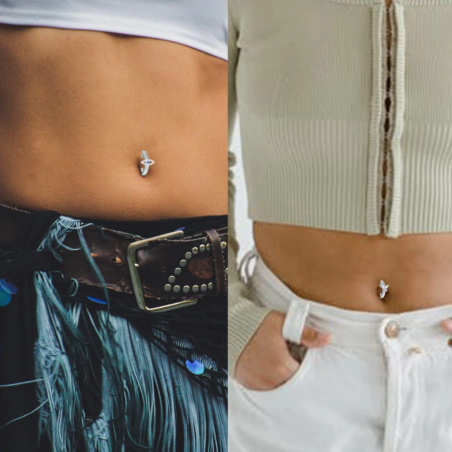 CJIAYUJEW 14G Surgical Steel CZ Opal Belly Ring Round Cubic Zirconia Navel Barbell Stud Body Piercing Belly Button Rings Simple Reverse Navel Rings Body Jewelry