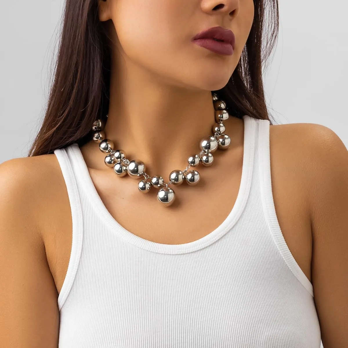 CJIAYUJEW Chunky Gold Necklace for Women - Big Silver Statement Beaded Necklace, Thick Bold Ball Choker