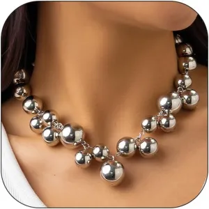 CJIAYUJEW Chunky Gold Necklace for Women - Big Silver Statement Beaded Necklace, Thick Bold Ball Choker