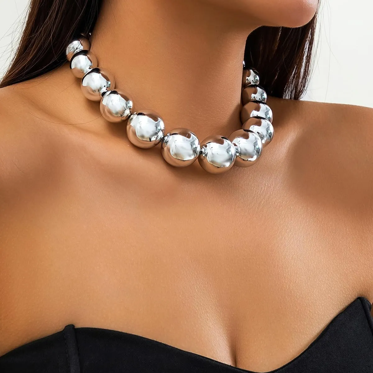 CJIAYUJEW Chunky Gold Necklace for Women - Big Silver Statement Beaded Necklace, Thick Bold Ball Choker