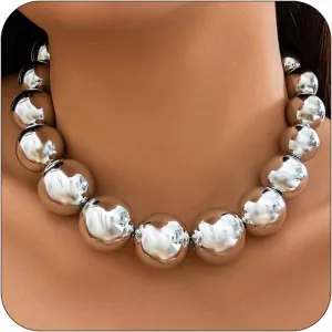 CJIAYUJEW Chunky Gold Necklace for Women - Big Silver Statement Beaded Necklace, Thick Bold Ball Choker