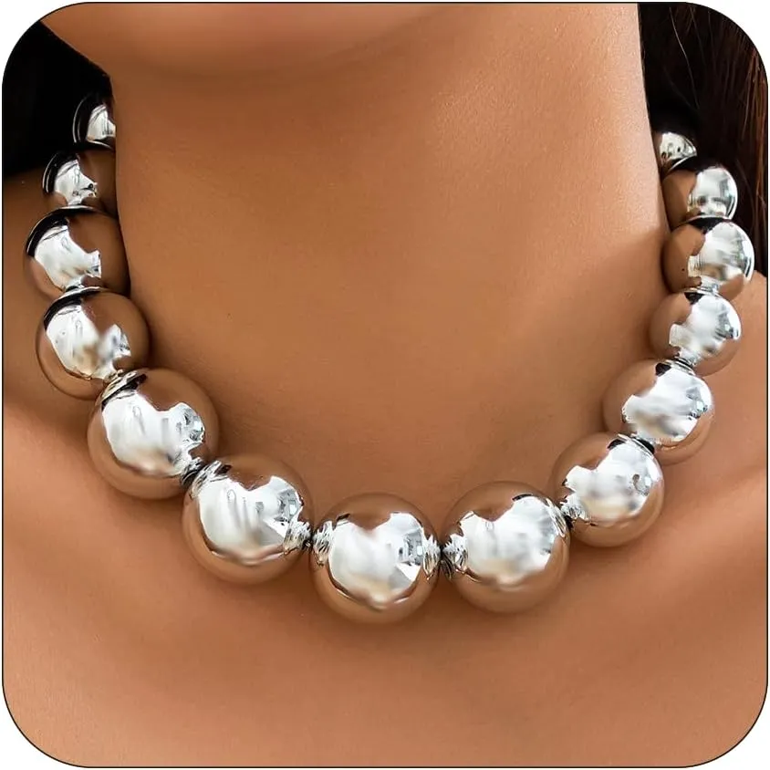 CJIAYUJEW Chunky Gold Necklace for Women - Big Silver Statement Beaded Necklace, Thick Bold Ball Choker