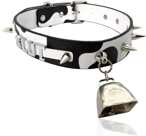 Classic Cow Print Bell Choker Collar Necklace for Women| Punk Gothic Letter Leather Spiked Rock Collar Jewelry Cow Cosplay Choker
