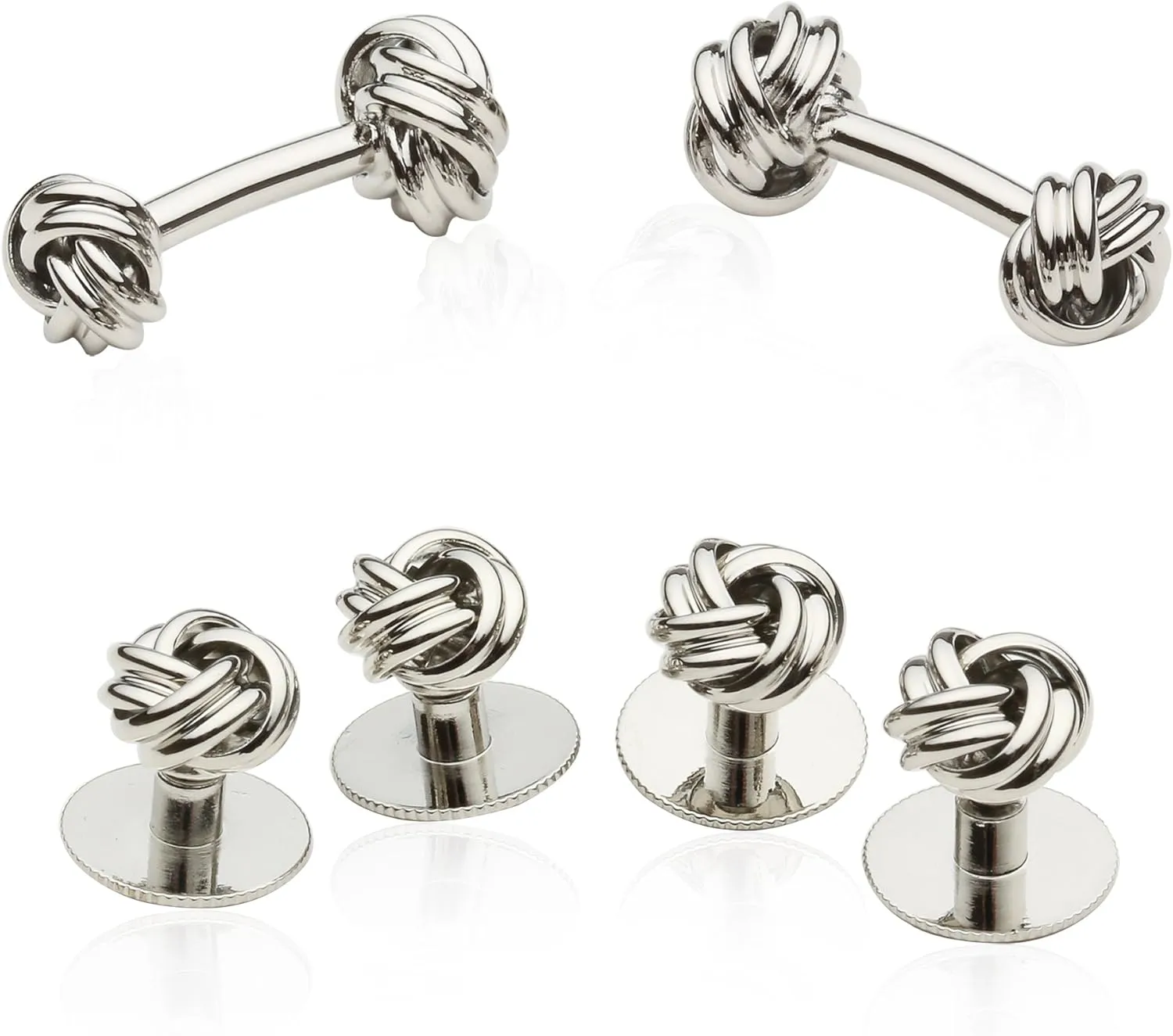 Classic Silver Knot Cufflinks & Studs Set Tuxedo Shirt Formal Set for Wedding Groomsmen Groom with Travel Presentation Gift Box