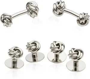 Classic Silver Knot Cufflinks & Studs Set Tuxedo Shirt Formal Set for Wedding Groomsmen Groom with Travel Presentation Gift Box