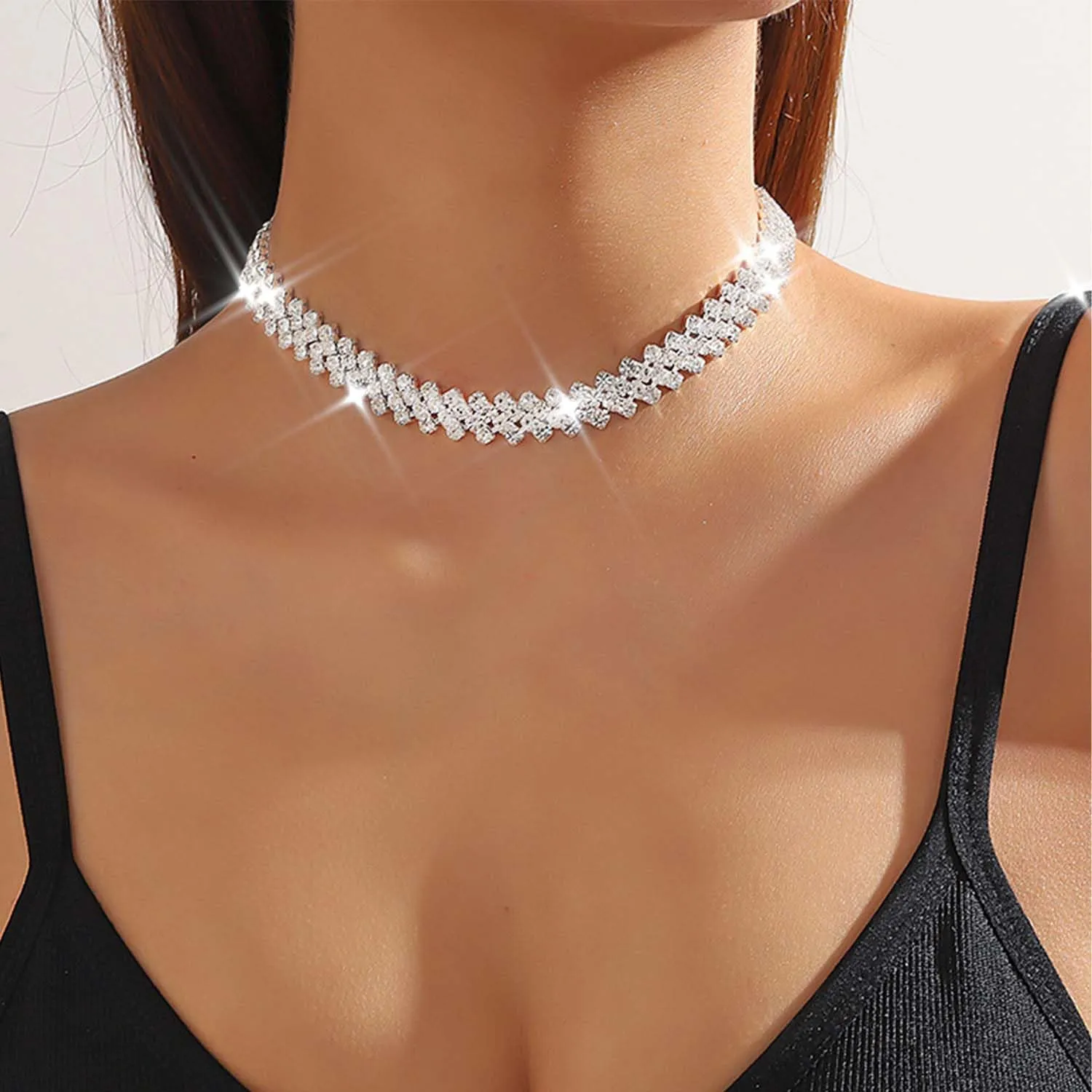 CLOACE Rhinestone Choker Necklace Diamond Row Necklaces Sparkly Crystal Necklace Chain Jewerly Prom Accessories for Women