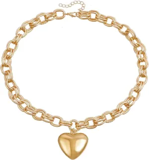 coadipress 14K Gold Chunky Puffy Heart Choker Necklace for Women Unique Heart Pendant Necklace Big Heart Pendant Adjustable Simple Trendy Chain Heart Necklaces Y2K Grunge Jewelry Gift