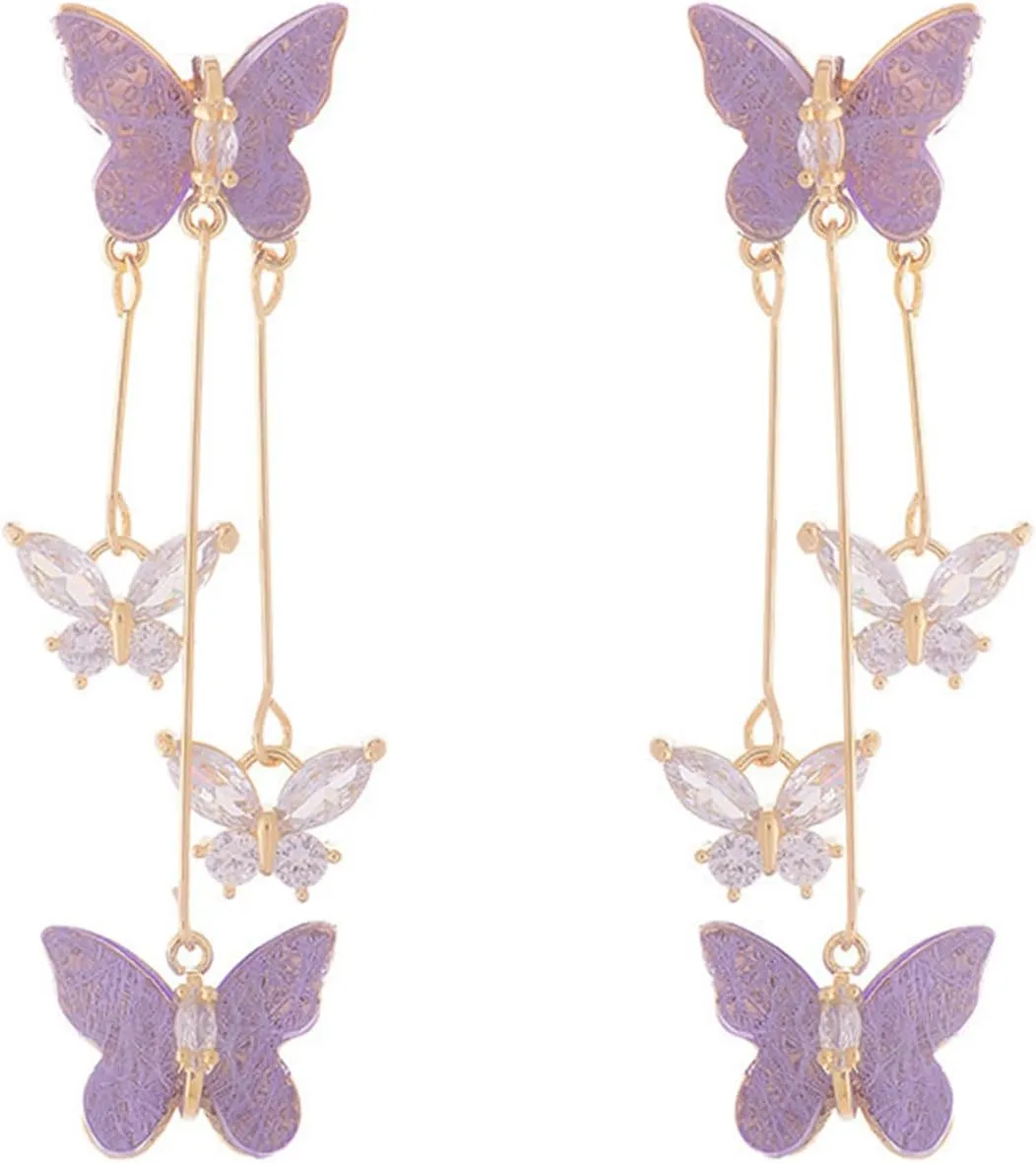 coadipress Butterfly Earrings for Women Delicate Sweet Bohemian 14K Gold Long Crystal Rhinestones Butterfly Lightweight Fringe Tassels Dangle Drop Earrings Daily Traveling Prom Floral Jewelry Gifts