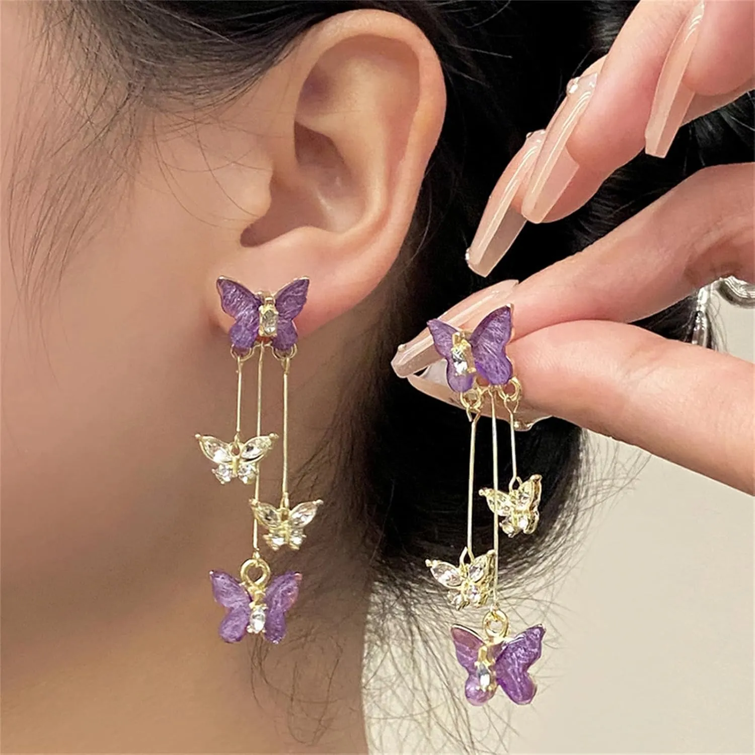 coadipress Butterfly Earrings for Women Delicate Sweet Bohemian 14K Gold Long Crystal Rhinestones Butterfly Lightweight Fringe Tassels Dangle Drop Earrings Daily Traveling Prom Floral Jewelry Gifts