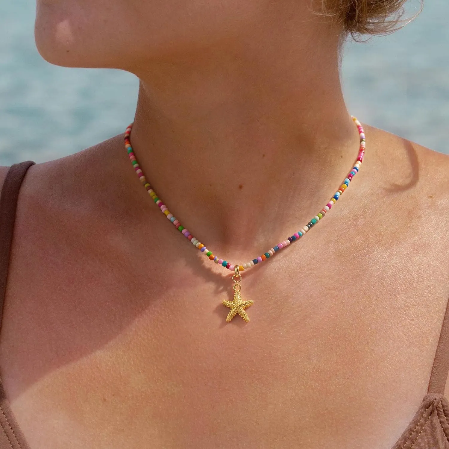 Colorful Bead Necklace - Starfish Palm Tree Nautilus Beach Charm Necklace for Women Trendy Boho Choker 14k Gold-plated