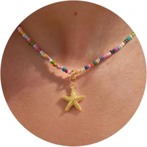 Colorful Bead Necklace - Starfish Palm Tree Nautilus Beach Charm Necklace for Women Trendy Boho Choker 14k Gold-plated