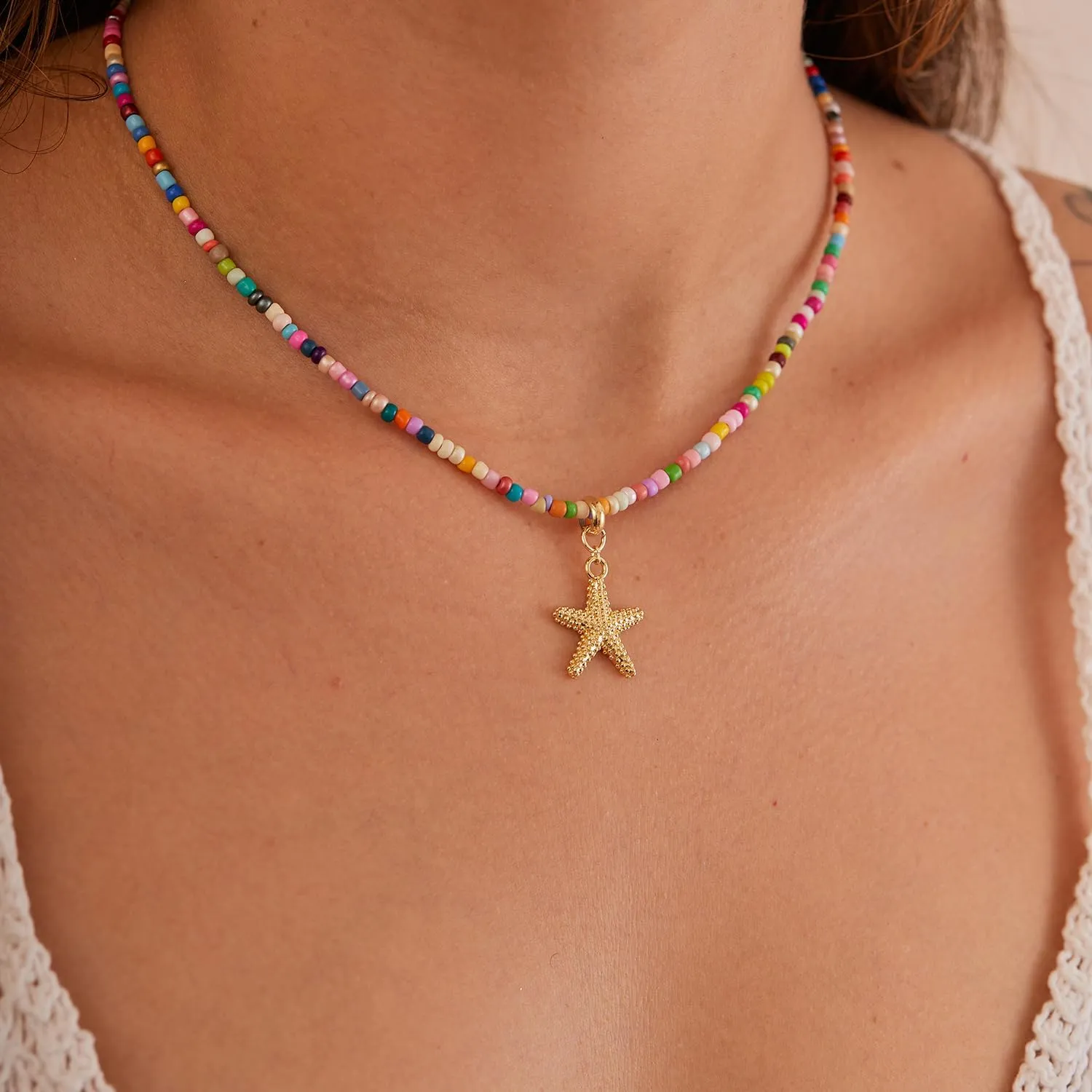 Colorful Bead Necklace - Starfish Palm Tree Nautilus Beach Charm Necklace for Women Trendy Boho Choker 14k Gold-plated