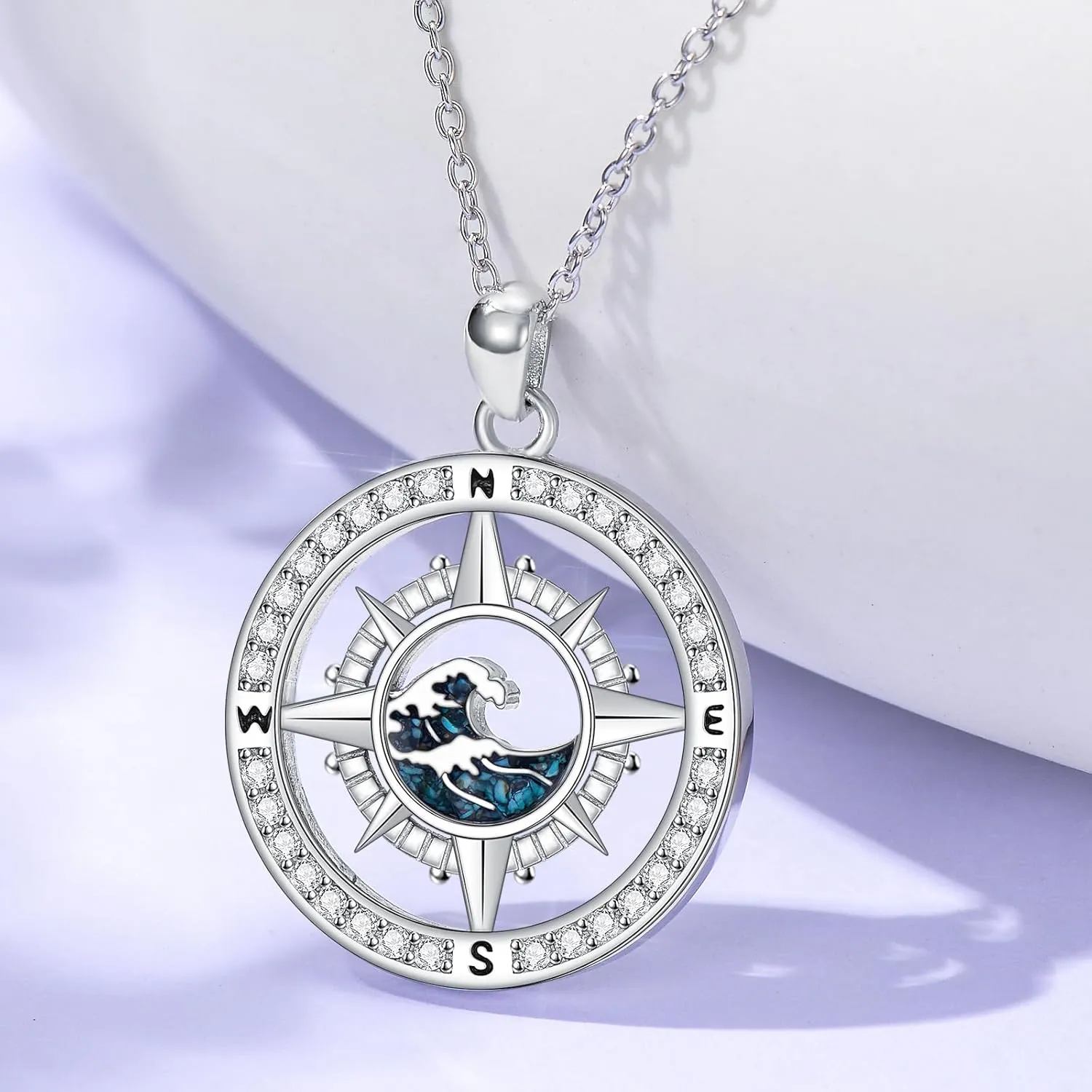 Compass Necklace for Women Sterling Silver Mustard Seed Necklace Wave Necklace Ocean Pendant Turquoise Compass Jewelry for Graduation Birthdays