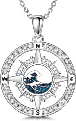 Compass Necklace for Women Sterling Silver Mustard Seed Necklace Wave Necklace Ocean Pendant Turquoise Compass Jewelry for Graduation Birthdays