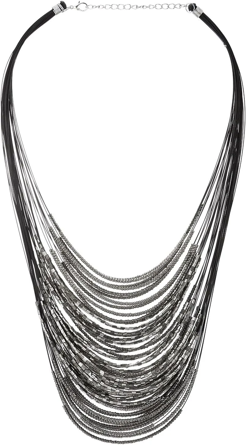 COOLSTEELANDBEYOND Bold Multi-Layer Necklace with Beads, Statement Necklace Waterfall Beads Strings