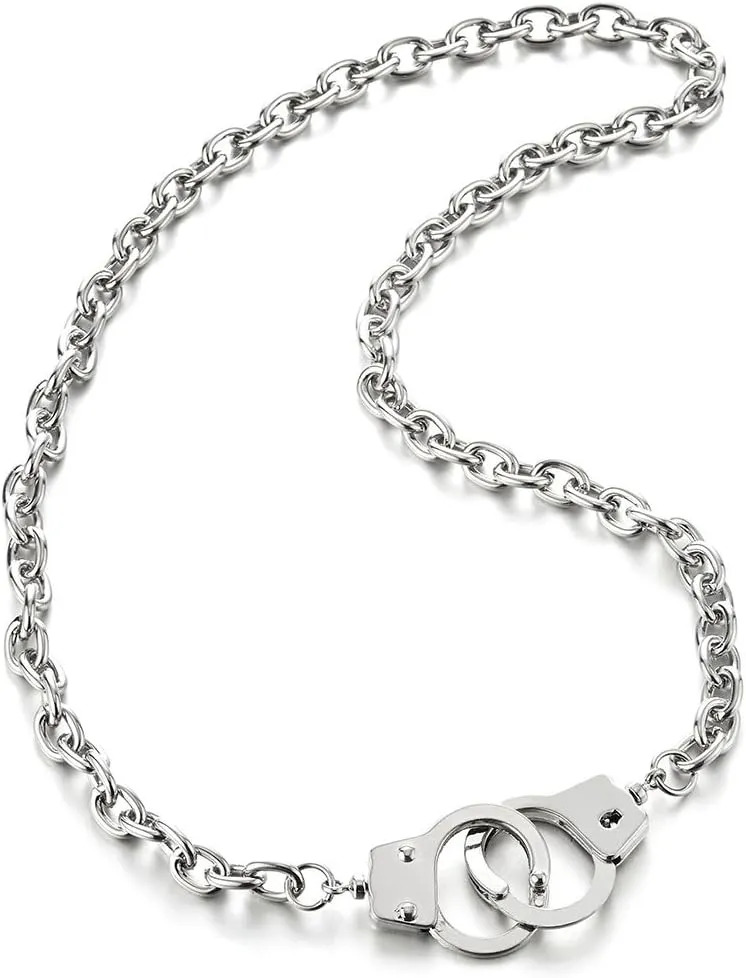 COOLSTEELANDBEYOND Mens Womens Link Chain Handcuff Necklace Silver Color, 27 inches Rope Chain, Punk Rock