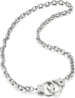 COOLSTEELANDBEYOND Mens Womens Link Chain Handcuff Necklace Silver Color, 27 inches Rope Chain, Punk Rock