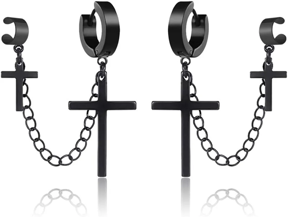 Cross Chain Earrings for Men Women Black Silver Stainless Steel Punk Rock Gothic Edgy Cool Goth Clip on Ear Cuff Wraps Drop Dangle Huggie Hoop Earrings Jewery for