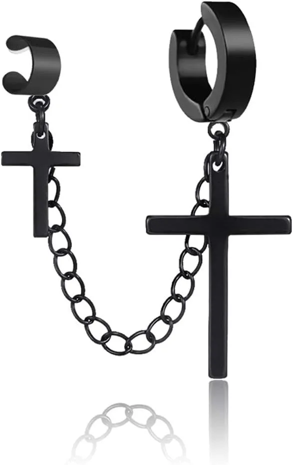 Cross Chain Earrings for Men Women Black Silver Stainless Steel Punk Rock Gothic Edgy Cool Goth Clip on Ear Cuff Wraps Drop Dangle Huggie Hoop Earrings Jewery for