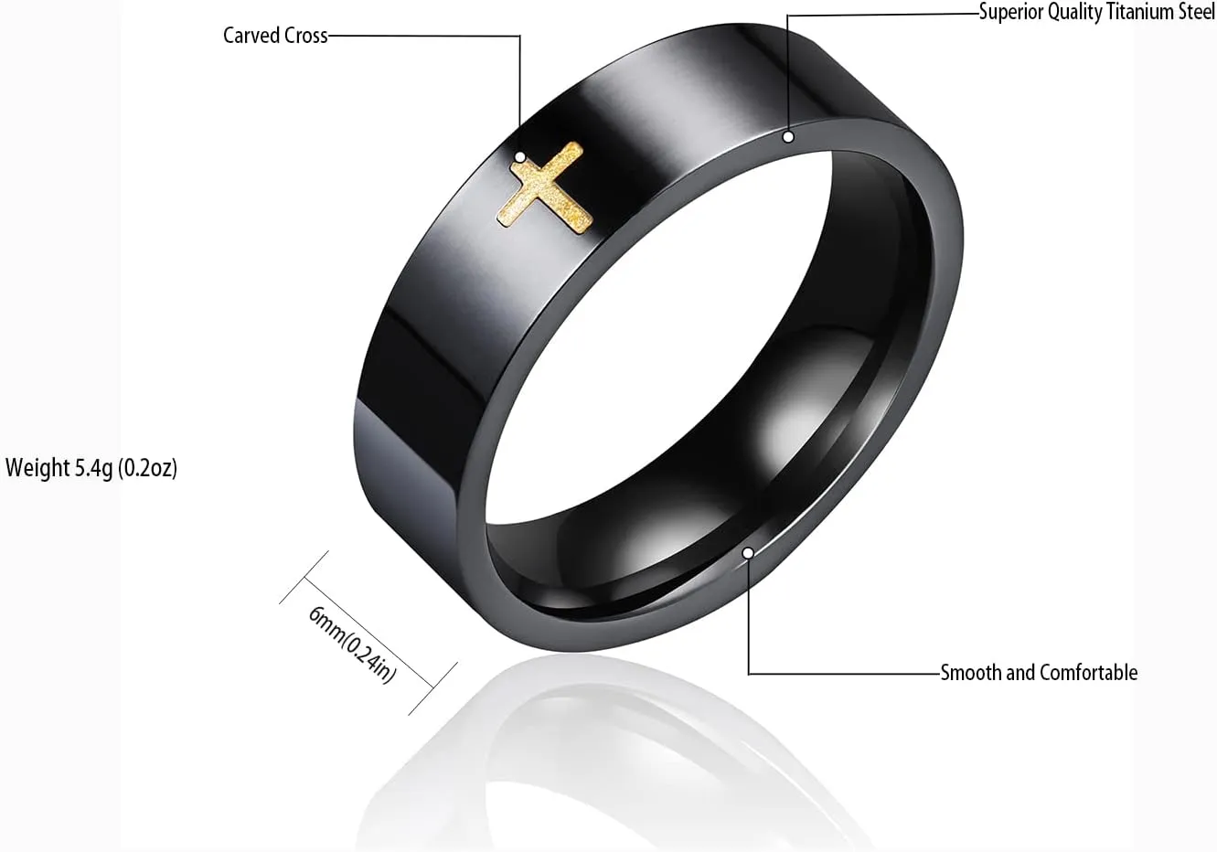 Cross Rings for Men, Black Stainless Steel Classical Simple Plain Christian Religious Wedding Band Ring