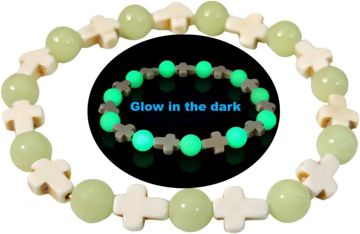 Crystal Cross Bracelet for Women Glow In the Dark Bracelet Beaded Cross Charm Brecelet Turquoise Stretch Bracelet Gemstone Jewelry Present