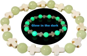 Crystal Cross Bracelet for Women Glow In the Dark Bracelet Beaded Cross Charm Brecelet Turquoise Stretch Bracelet Gemstone Jewelry Present