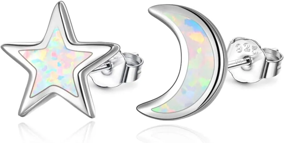 Cuoka 925 Sterling Silver Moon Star Sun Earrings, Opal Celestial Studs Earrings Delicate Moon Star Sun Earrings Jewelry Birthday Graduation Gift For Women
