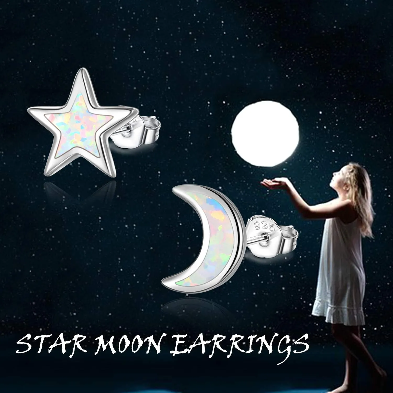 Cuoka 925 Sterling Silver Moon Star Sun Earrings, Opal Celestial Studs Earrings Delicate Moon Star Sun Earrings Jewelry Birthday Graduation Gift For Women