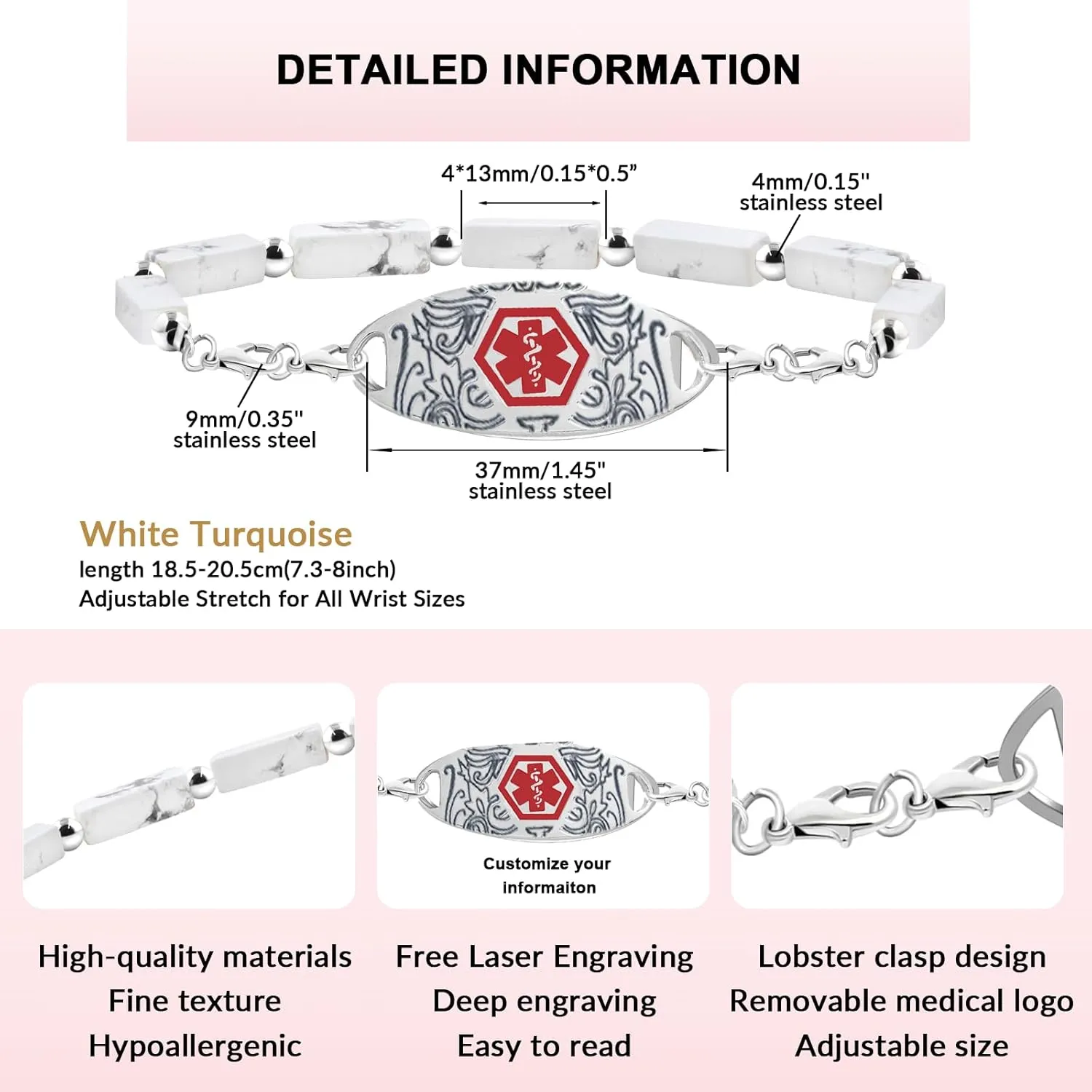Custom Gemstone Medical ID Bracelets Engraved with Allergy, Diabetes, Epilepsy Alert Information for Women & Men