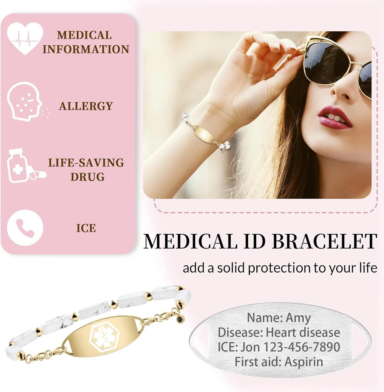 Custom Gemstone Medical ID Bracelets Engraved with Allergy, Diabetes, Epilepsy Alert Information for Women & Men