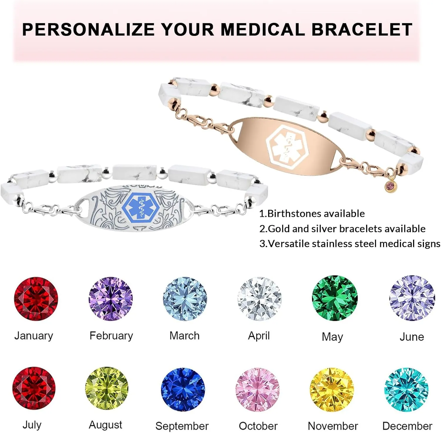 Custom Gemstone Medical ID Bracelets Engraved with Allergy, Diabetes, Epilepsy Alert Information for Women & Men