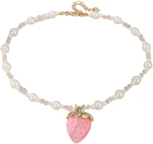 Cute Strawberry Necklace for Women Unique Lovely Choker Imitation Pearl Necklaces Holidays Jewelry Gift Accessories