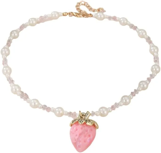 Cute Strawberry Necklace for Women Unique Lovely Choker Imitation Pearl Necklaces Holidays Jewelry Gift Accessories
